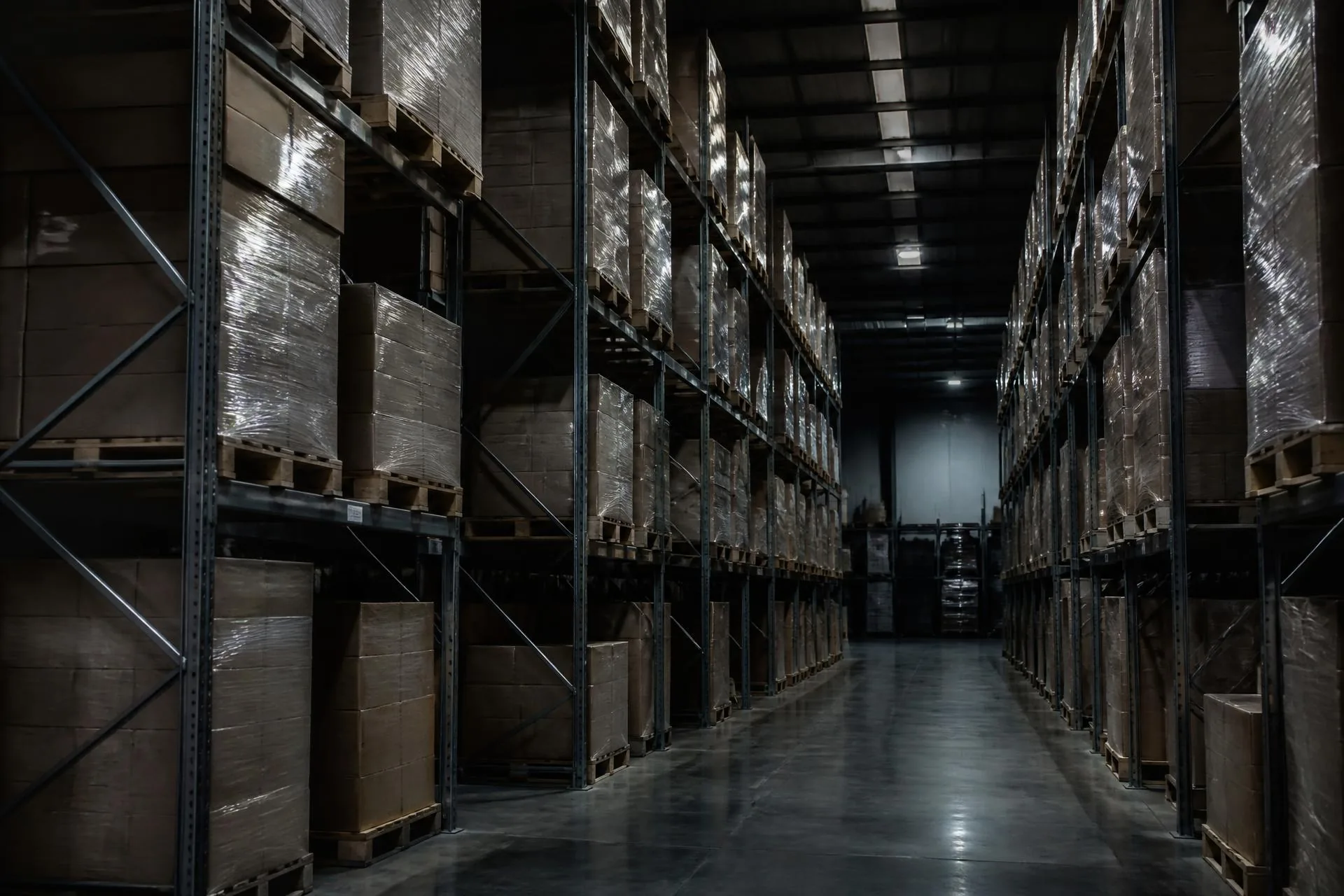 Pallet racking and inventory inside a distribution warehouse