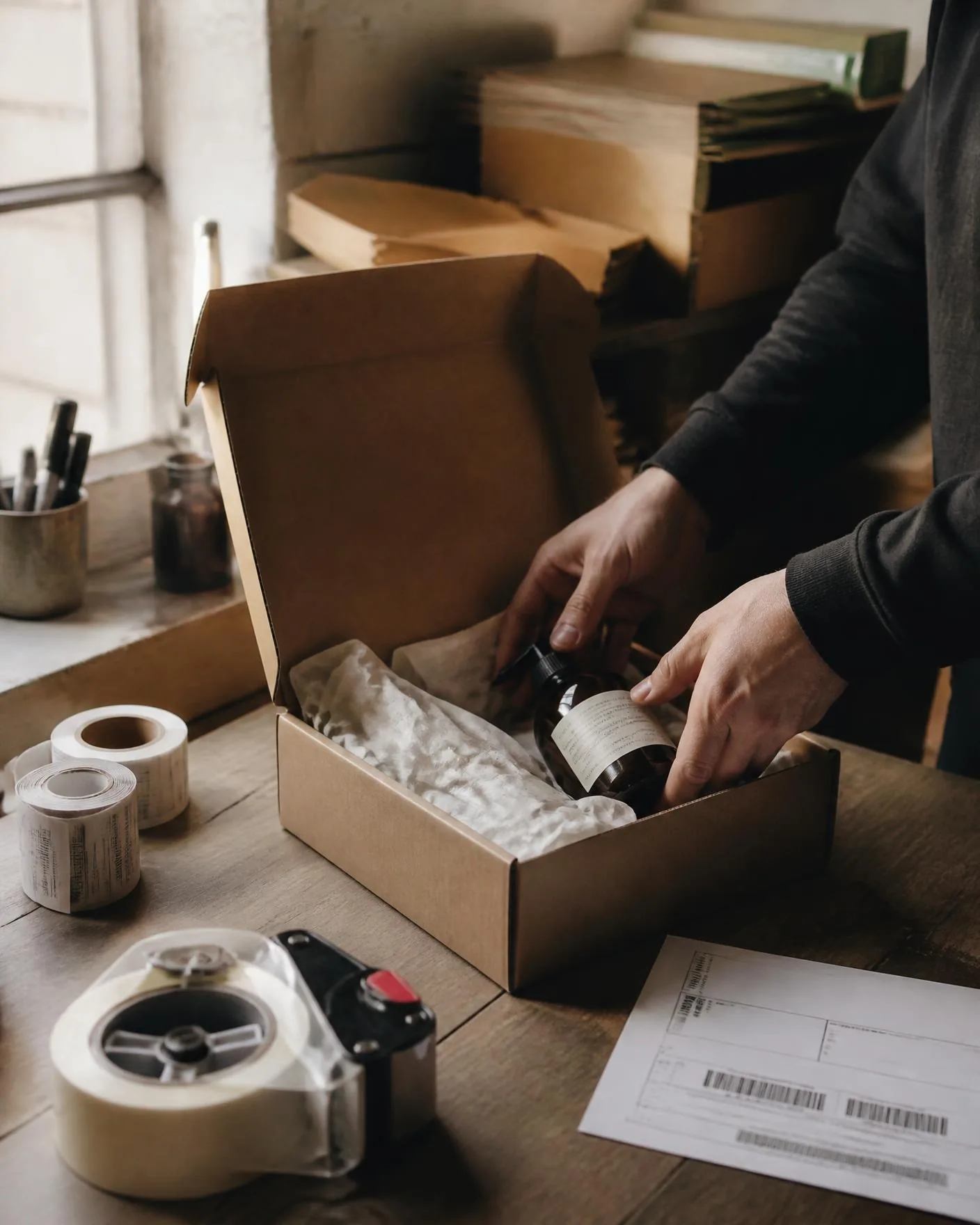 Products being packed into a shipping carton at a fulfilment bench